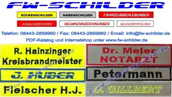 1 Namenstreifen gestickt mit Stickrand, silber und zitronengelb reflektierend, zum aufnähen